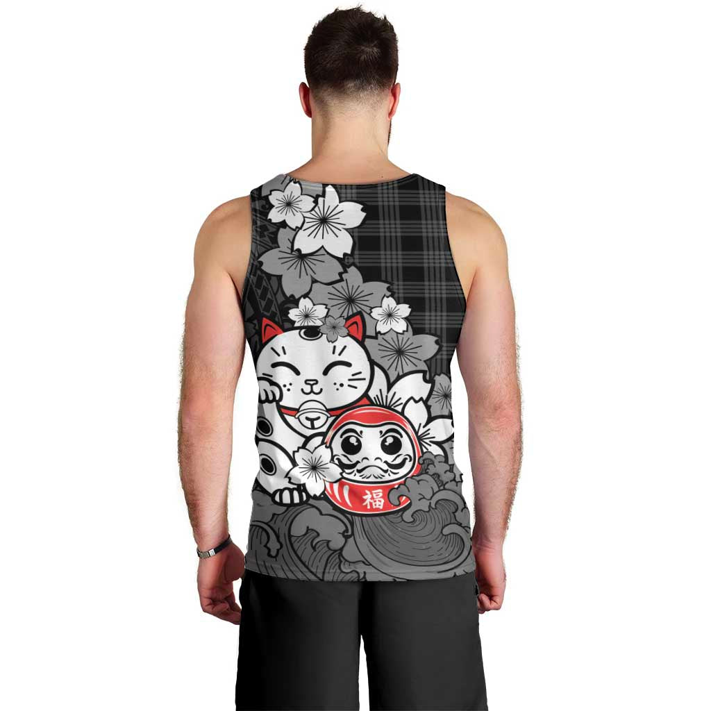Black Palaka Hawaiian And Japanese Men Tank Top Maneki Neko And Sakura Bloom