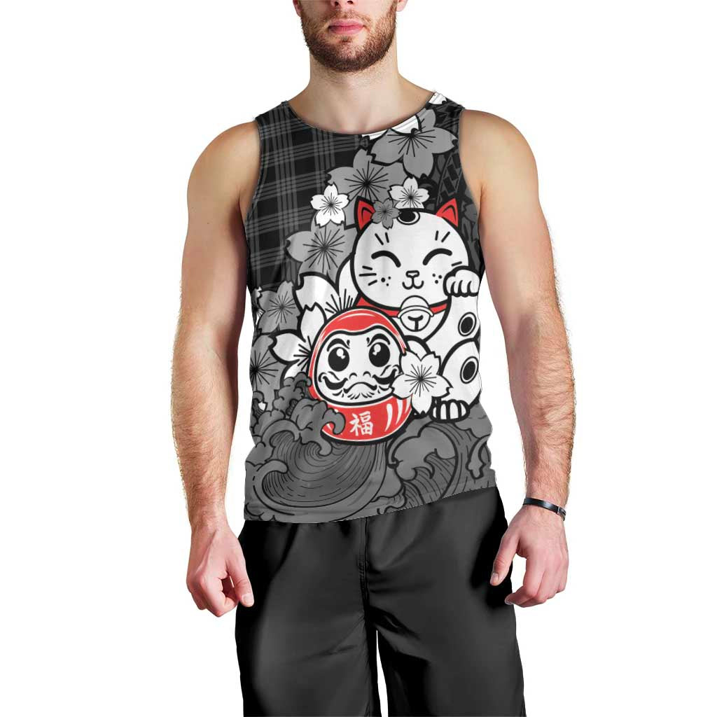 Black Palaka Hawaiian And Japanese Men Tank Top Maneki Neko And Sakura Bloom