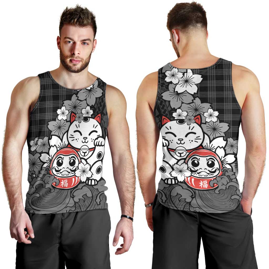 Black Palaka Hawaiian And Japanese Men Tank Top Maneki Neko And Sakura Bloom