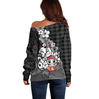 Black Palaka Hawaiian And Japanese Off Shoulder Sweater Maneki Neko And Sakura Bloom