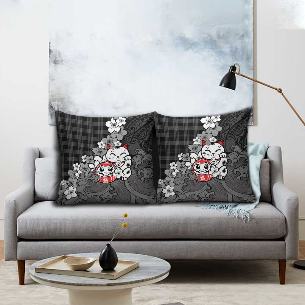 Black Palaka Hawaiian And Japanese Pillow Cover Maneki Neko And Sakura Bloom