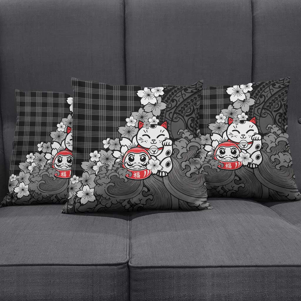 Black Palaka Hawaiian And Japanese Pillow Cover Maneki Neko And Sakura Bloom