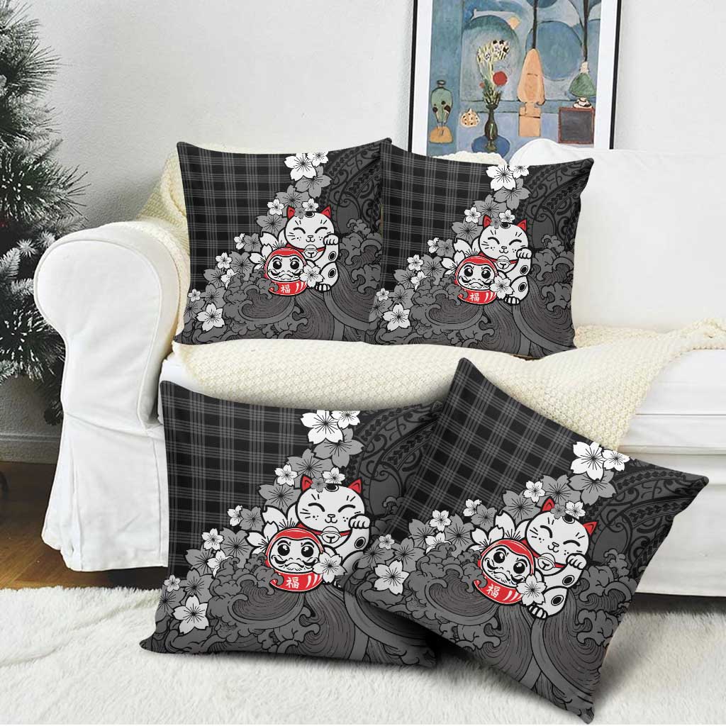 Black Palaka Hawaiian And Japanese Pillow Cover Maneki Neko And Sakura Bloom