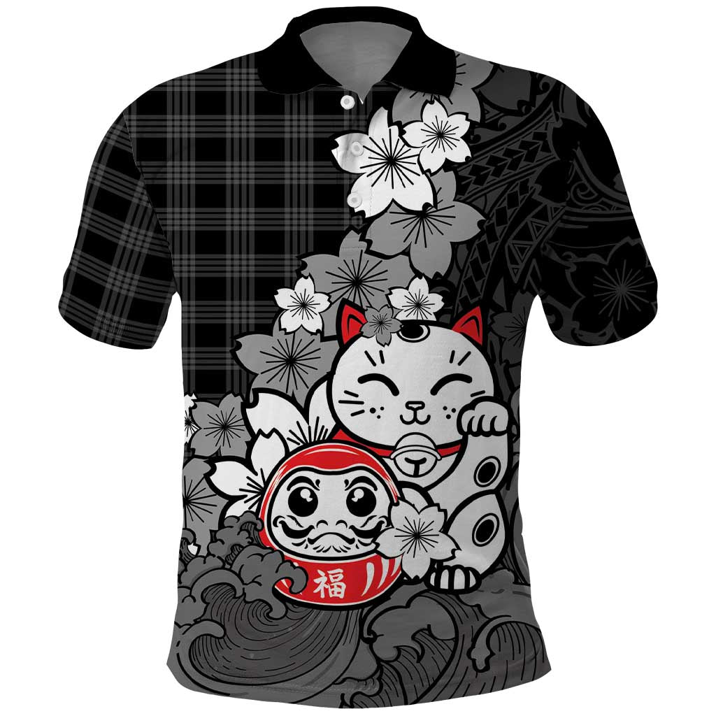 Black Palaka Hawaiian And Japanese Polo Shirt Maneki Neko And Sakura Bloom