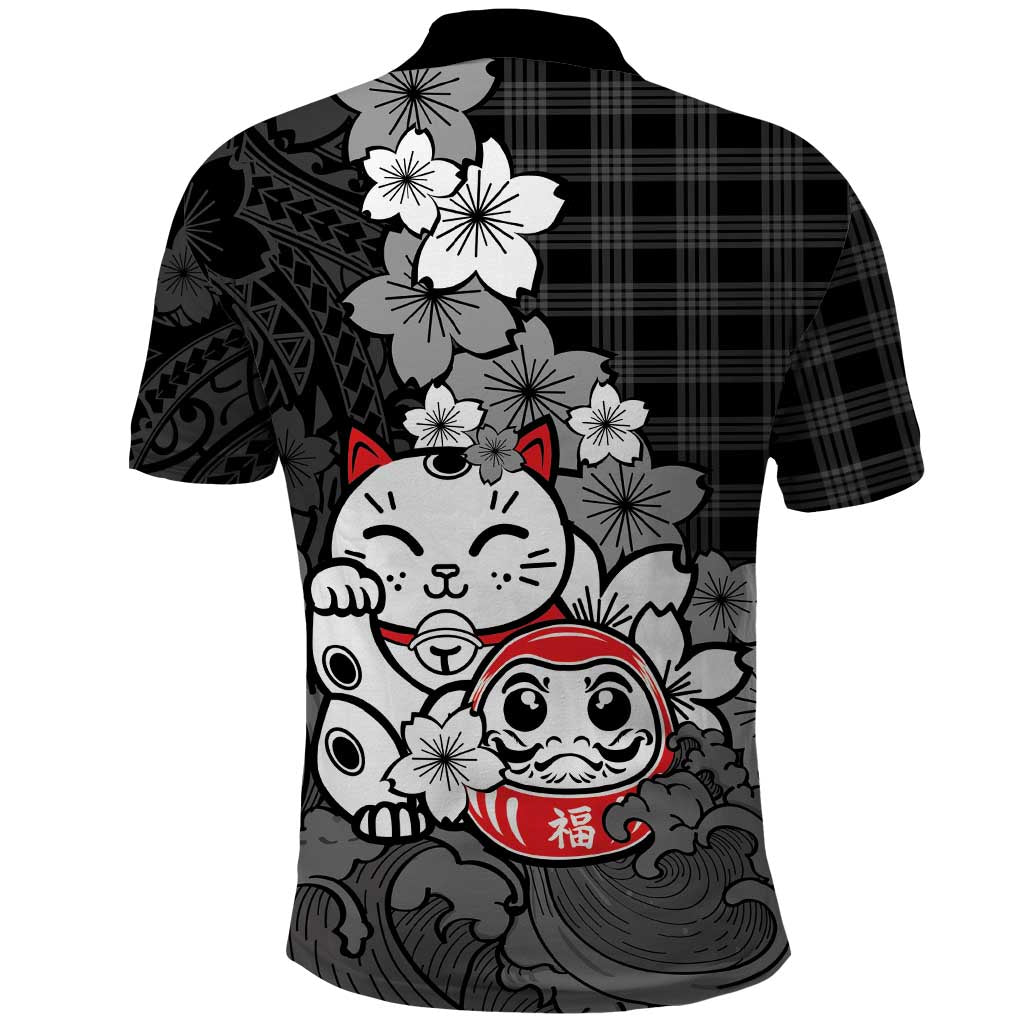 Black Palaka Hawaiian And Japanese Polo Shirt Maneki Neko And Sakura Bloom
