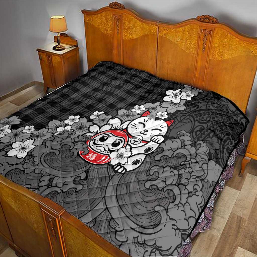 Black Palaka Hawaiian And Japanese Quilt Maneki Neko And Sakura Bloom