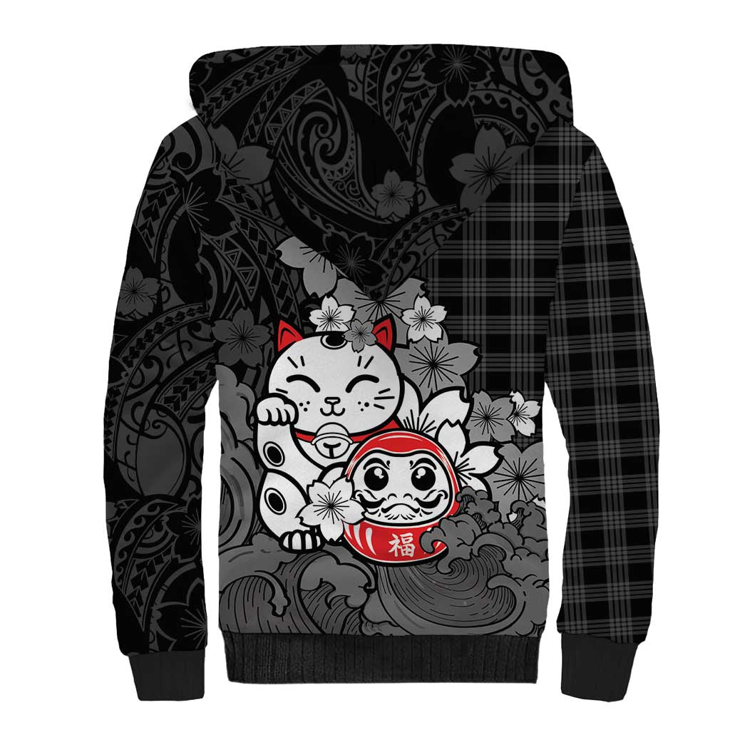 Black Palaka Hawaiian And Japanese Sherpa Hoodie Maneki Neko And Sakura Bloom