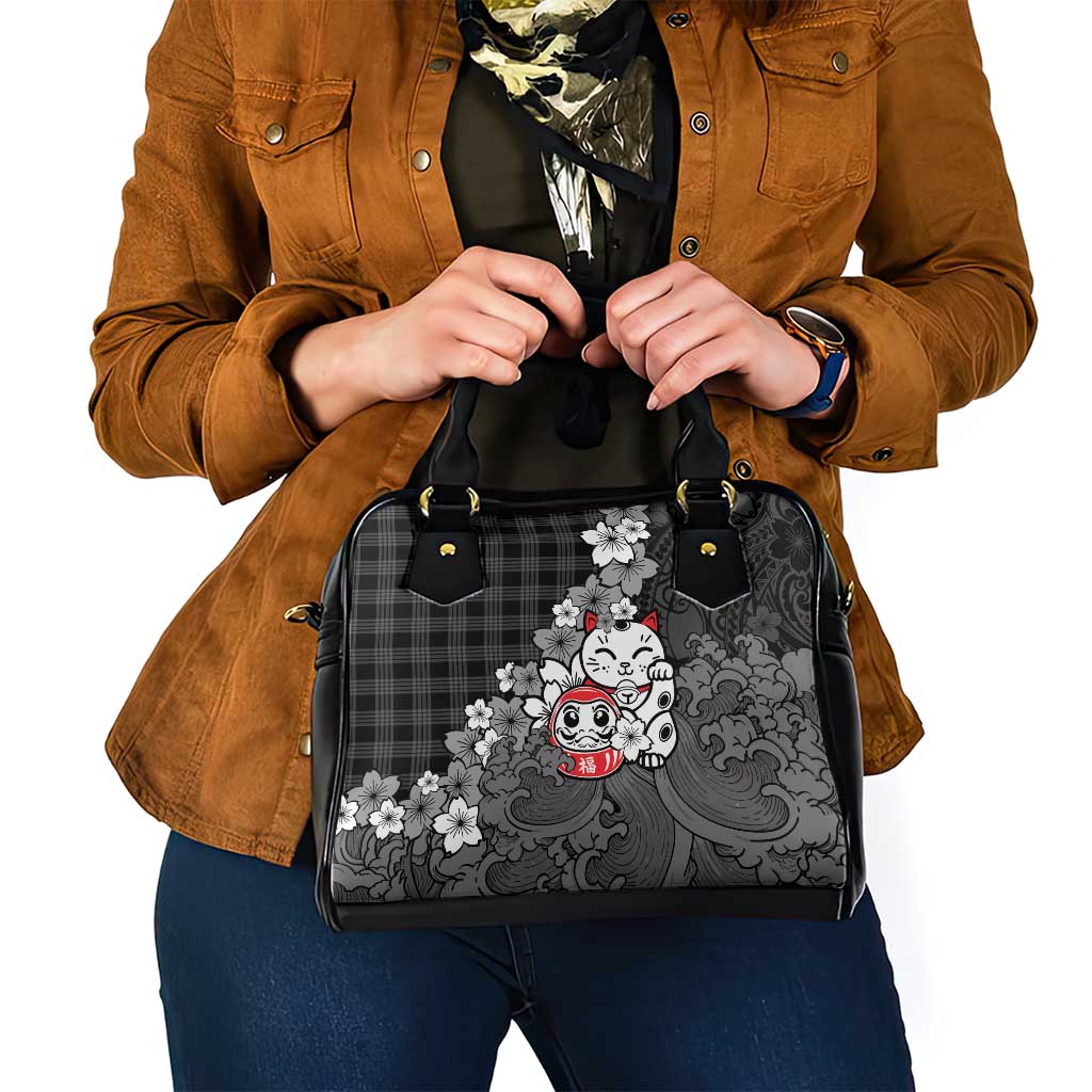 Black Palaka Hawaiian And Japanese Shoulder Handbag Maneki Neko And Sakura Bloom