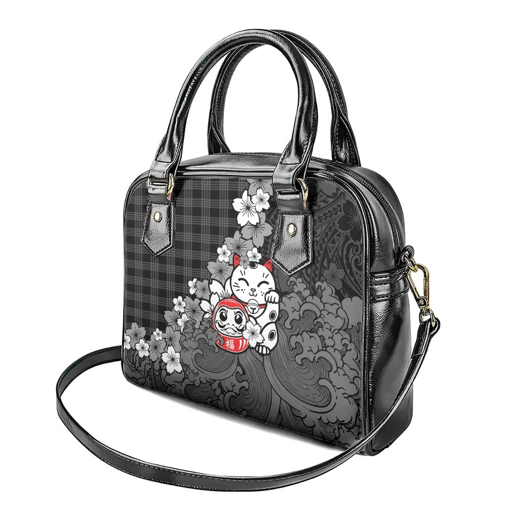 Black Palaka Hawaiian And Japanese Shoulder Handbag Maneki Neko And Sakura Bloom