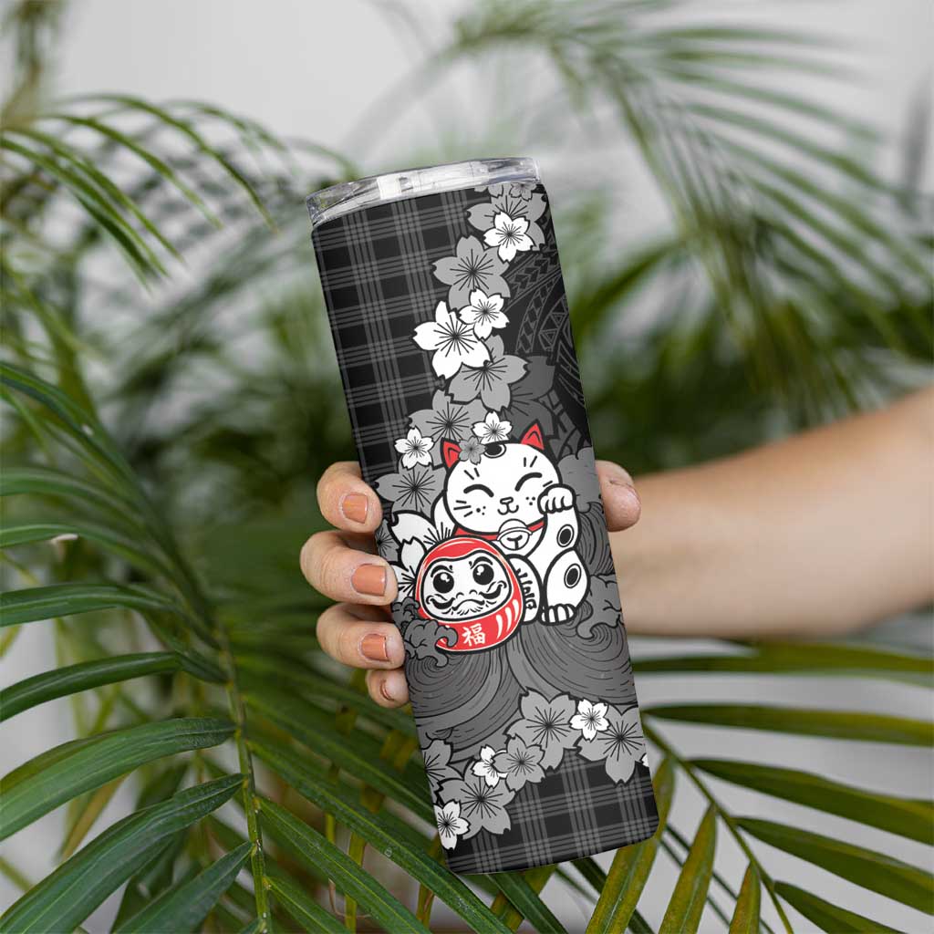 Black Palaka Hawaiian And Japanese Skinny Tumbler Maneki Neko And Sakura Bloom