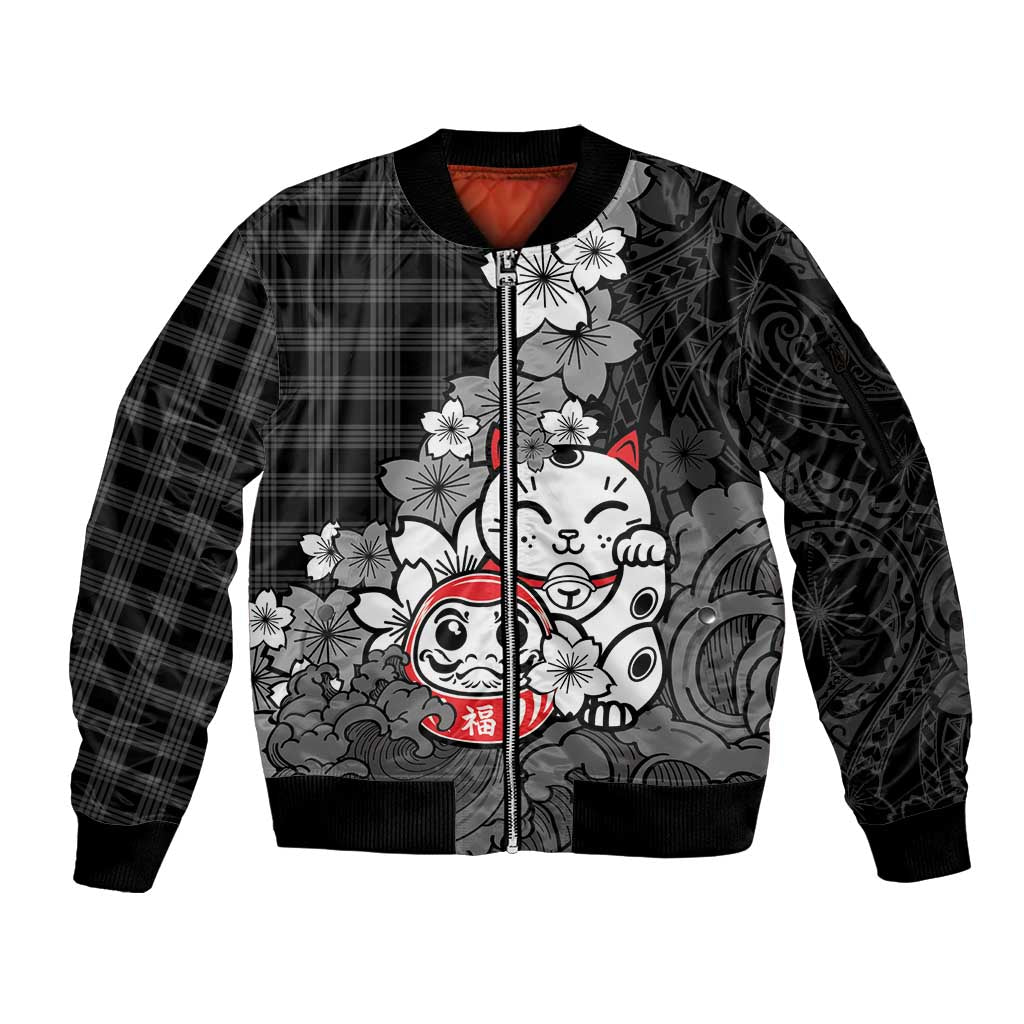 Black Palaka Hawaiian And Japanese Sleeve Zip Bomber Jacket Maneki Neko And Sakura Bloom