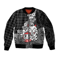 Black Palaka Hawaiian And Japanese Sleeve Zip Bomber Jacket Maneki Neko And Sakura Bloom