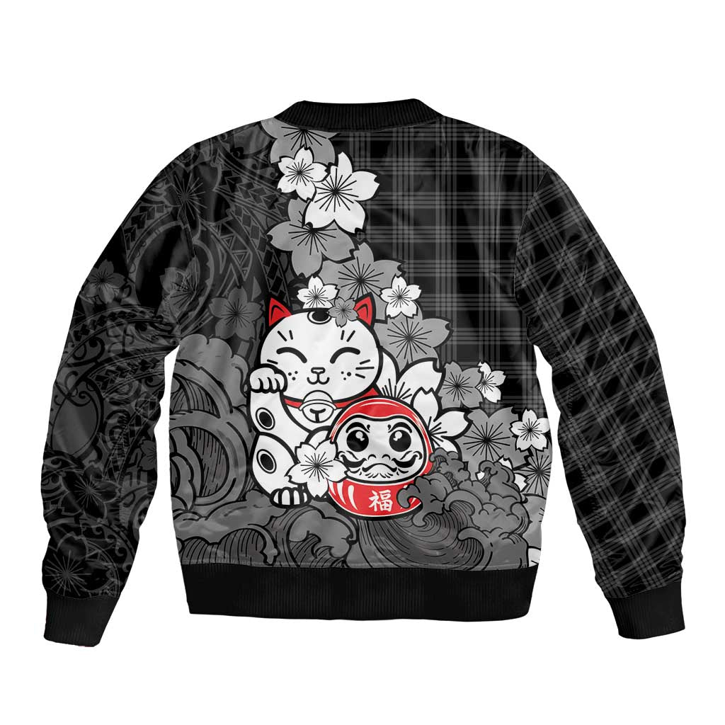 Black Palaka Hawaiian And Japanese Sleeve Zip Bomber Jacket Maneki Neko And Sakura Bloom