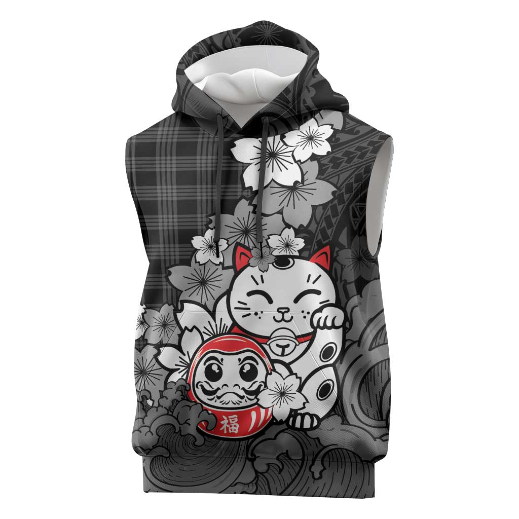Black Palaka Hawaiian And Japanese Sleeveless Hoodie Maneki Neko And Sakura Bloom DT05 Black - Polynesian Pride