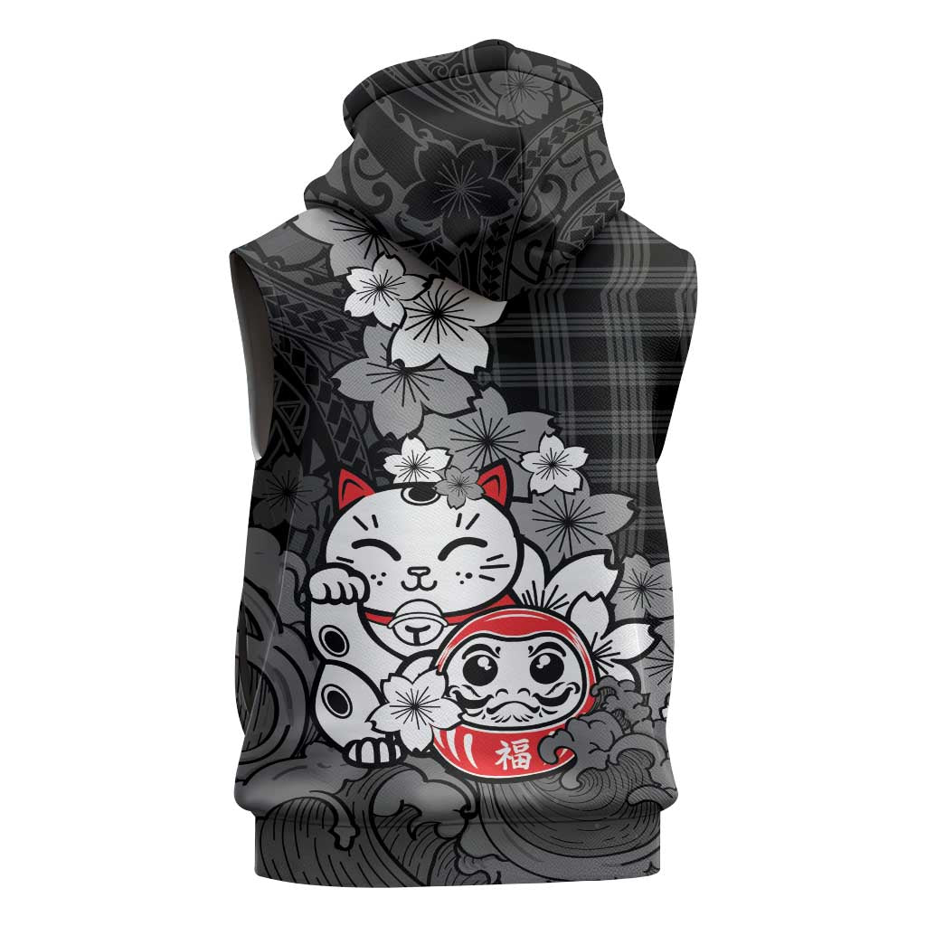 Black Palaka Hawaiian And Japanese Sleeveless Hoodie Maneki Neko And Sakura Bloom DT05 - Polynesian Pride