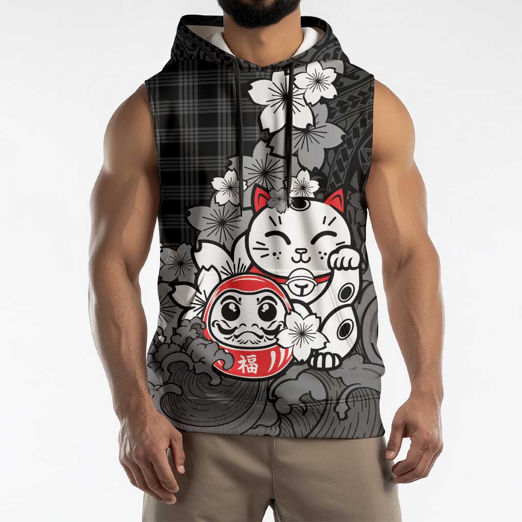 Black Palaka Hawaiian And Japanese Sleeveless Hoodie Maneki Neko And Sakura Bloom DT05 - Polynesian Pride