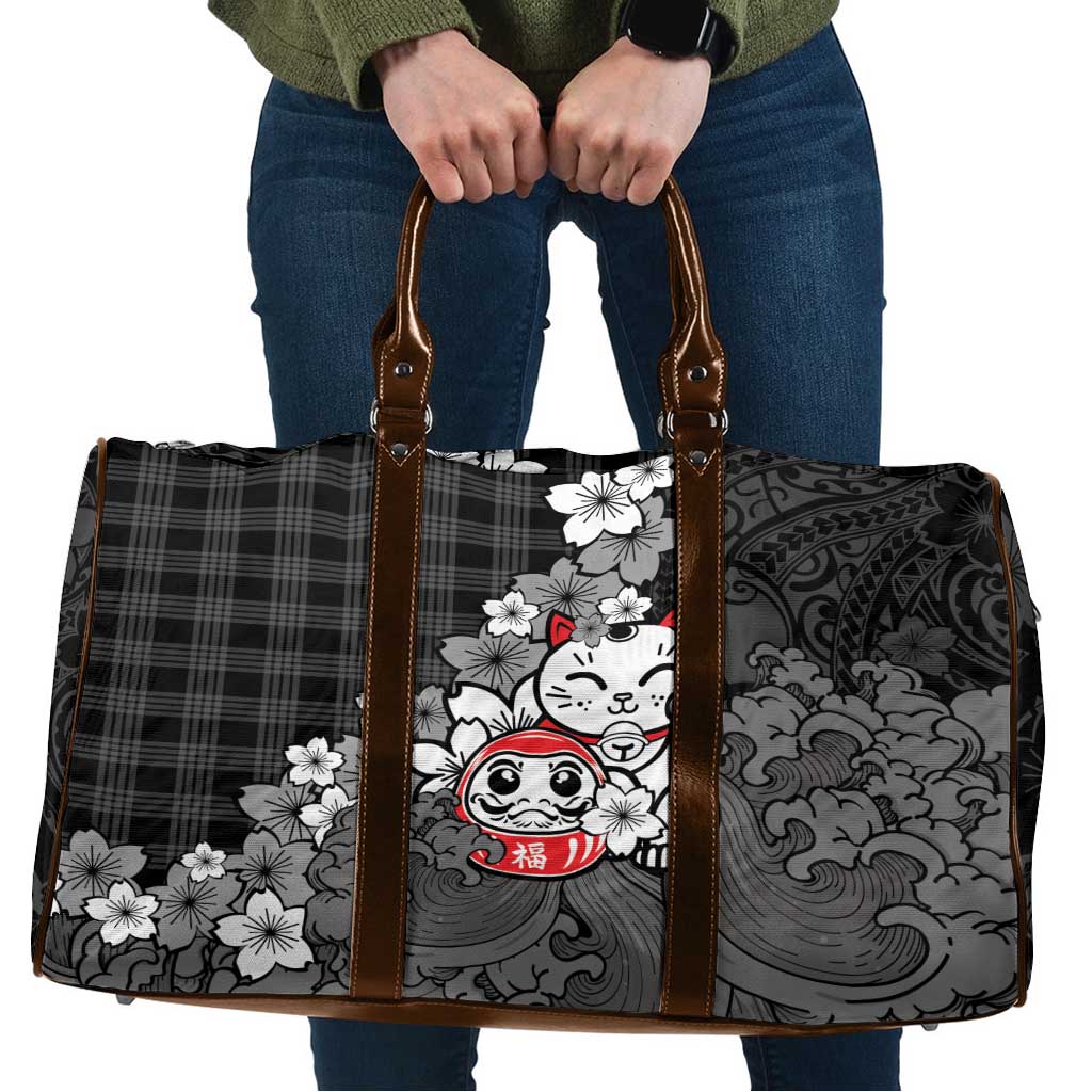 Black Palaka Hawaiian And Japanese Travel Bag Maneki Neko And Sakura Bloom DT05 Black - Polynesian Pride