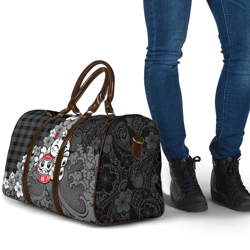 Black Palaka Hawaiian And Japanese Travel Bag Maneki Neko And Sakura Bloom DT05 - Polynesian Pride