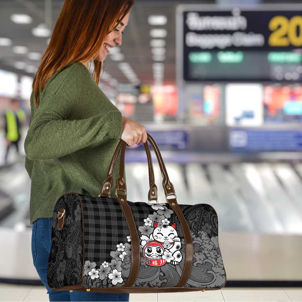 Black Palaka Hawaiian And Japanese Travel Bag Maneki Neko And Sakura Bloom DT05 - Polynesian Pride
