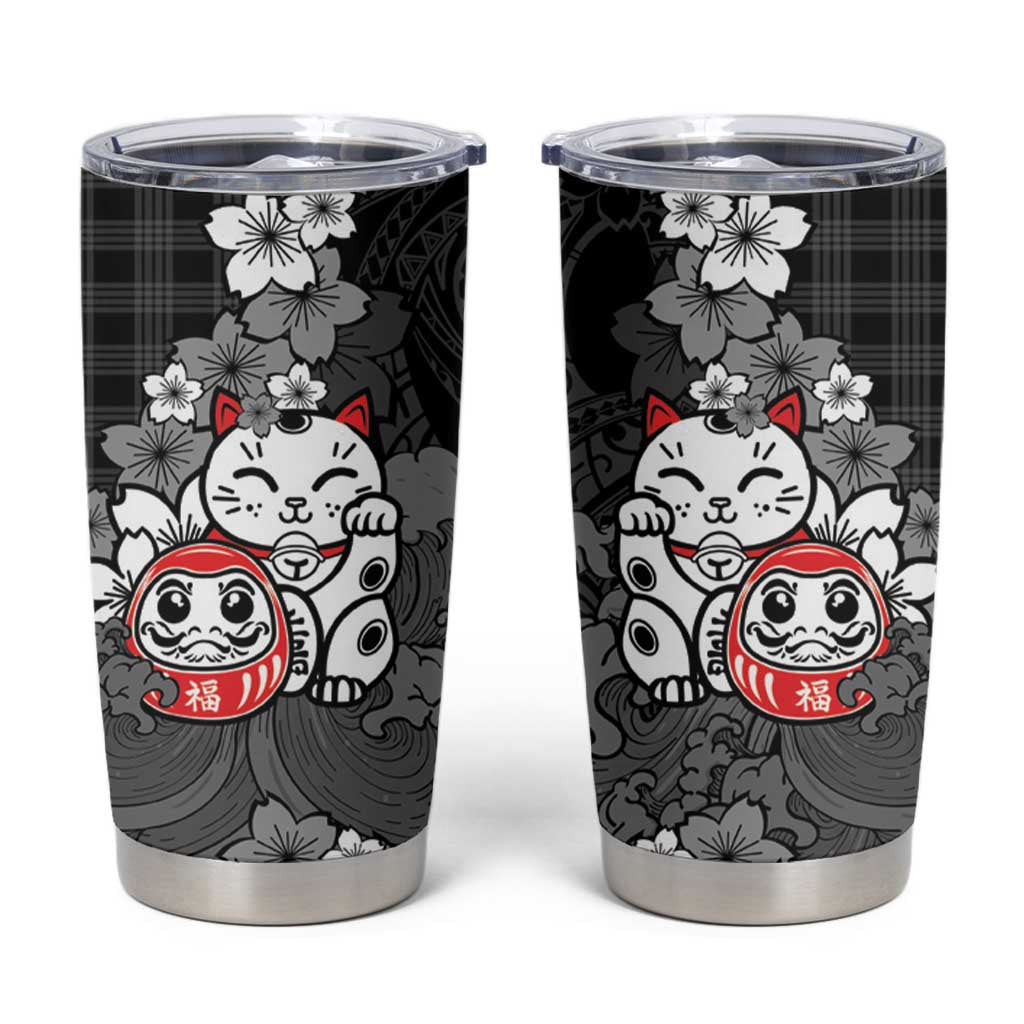 Black Palaka Hawaiian And Japanese Tumbler Cup Maneki Neko And Sakura Bloom