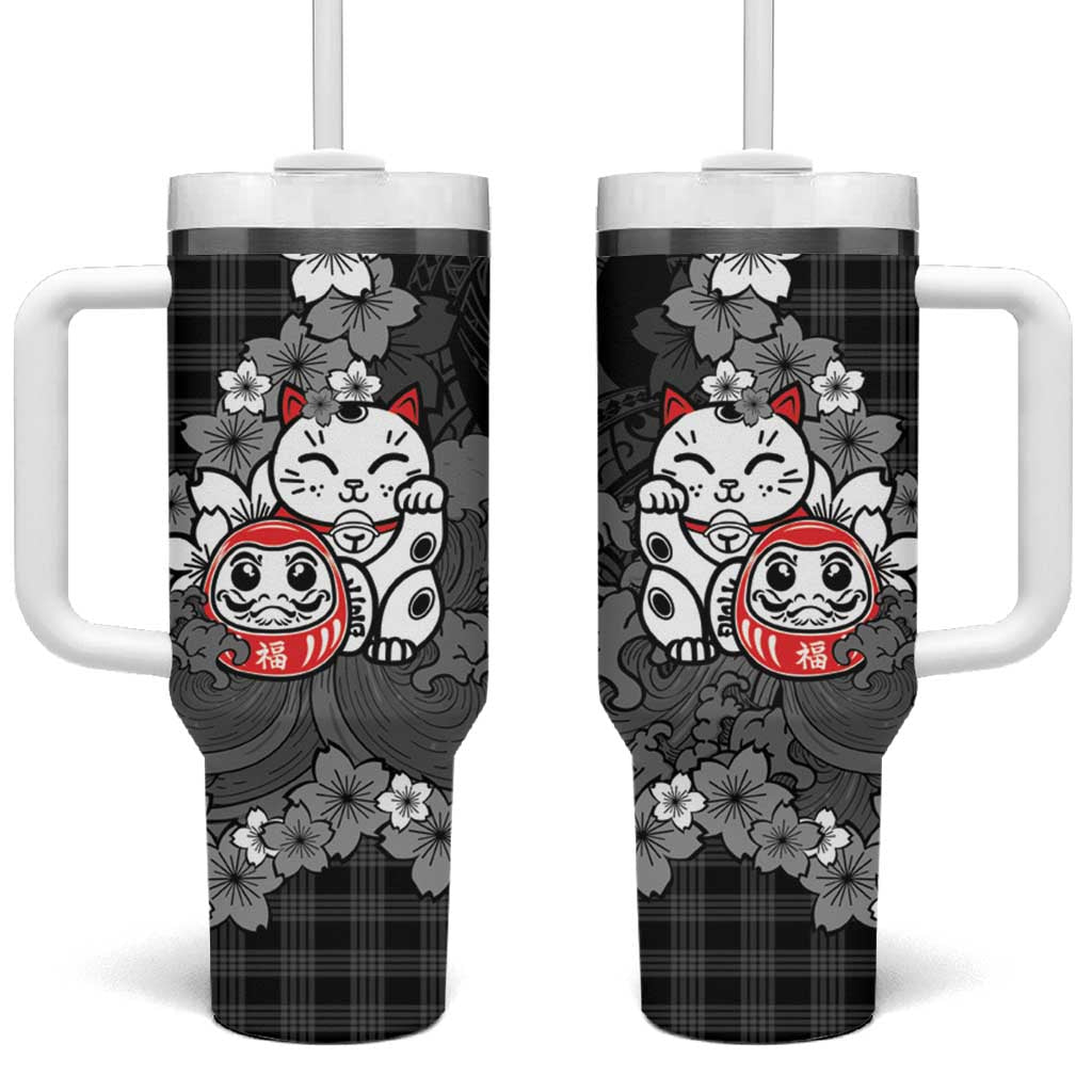 Black Palaka Hawaiian And Japanese Tumbler With Handle Maneki Neko And Sakura Bloom