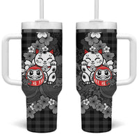 Black Palaka Hawaiian And Japanese Tumbler With Handle Maneki Neko And Sakura Bloom