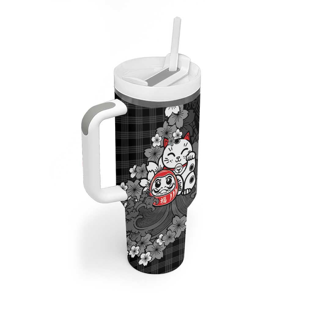 Black Palaka Hawaiian And Japanese Tumbler With Handle Maneki Neko And Sakura Bloom