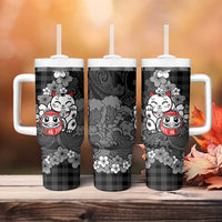 Black Palaka Hawaiian And Japanese Tumbler With Handle Maneki Neko And Sakura Bloom