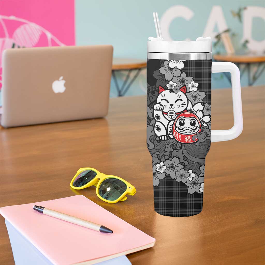 Black Palaka Hawaiian And Japanese Tumbler With Handle Maneki Neko And Sakura Bloom