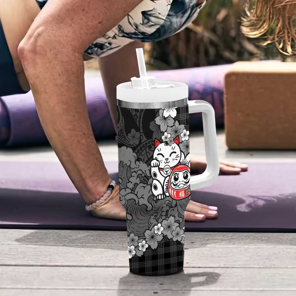 Black Palaka Hawaiian And Japanese Tumbler With Handle Maneki Neko And Sakura Bloom