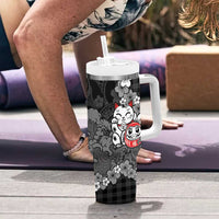 Black Palaka Hawaiian And Japanese Tumbler With Handle Maneki Neko And Sakura Bloom