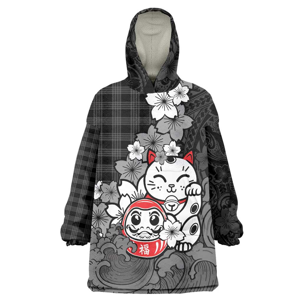 Black Palaka Hawaiian And Japanese Wearable Blanket Hoodie Maneki Neko And Sakura Bloom DT05 One Size Black - Polynesian Pride