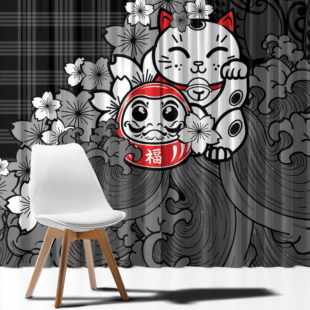Black Palaka Hawaiian And Japanese Window Curtain Maneki Neko And Sakura Bloom