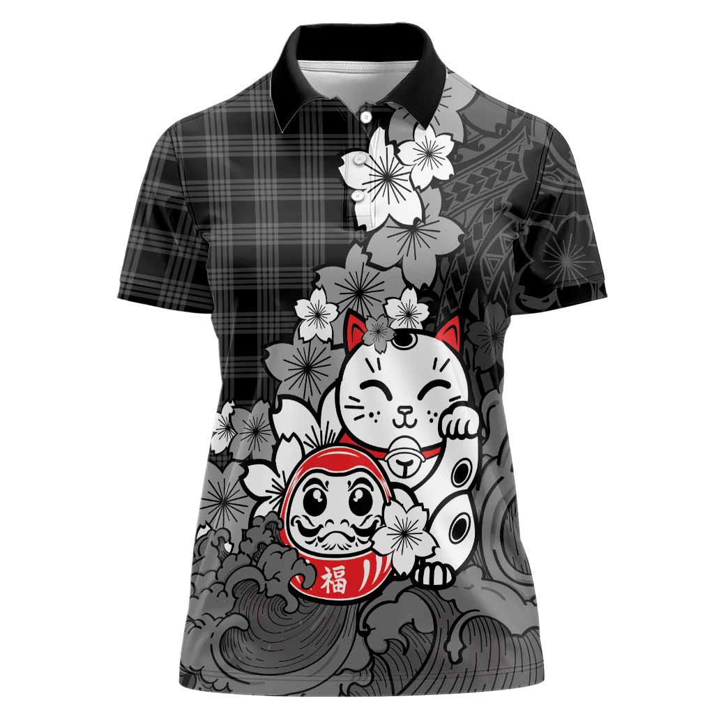 Black Palaka Hawaiian And Japanese Women Polo Shirt Maneki Neko And Sakura Bloom DT05 Female Black - Polynesian Pride