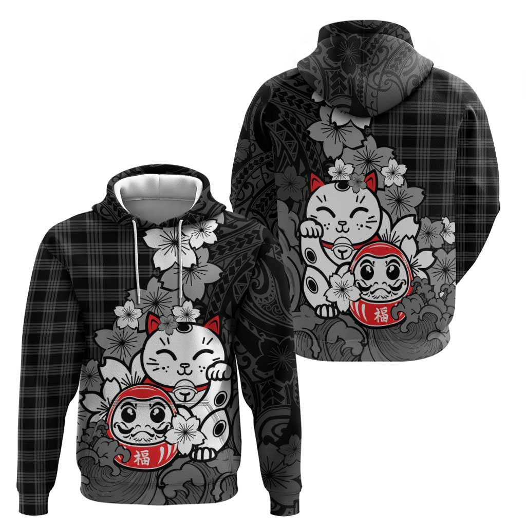 Black Palaka Hawaiian And Japanese Zip Hoodie Maneki Neko And Sakura Bloom DT05 - Polynesian Pride