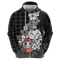 Black Palaka Hawaiian And Japanese Zip Hoodie Maneki Neko And Sakura Bloom DT05 - Polynesian Pride