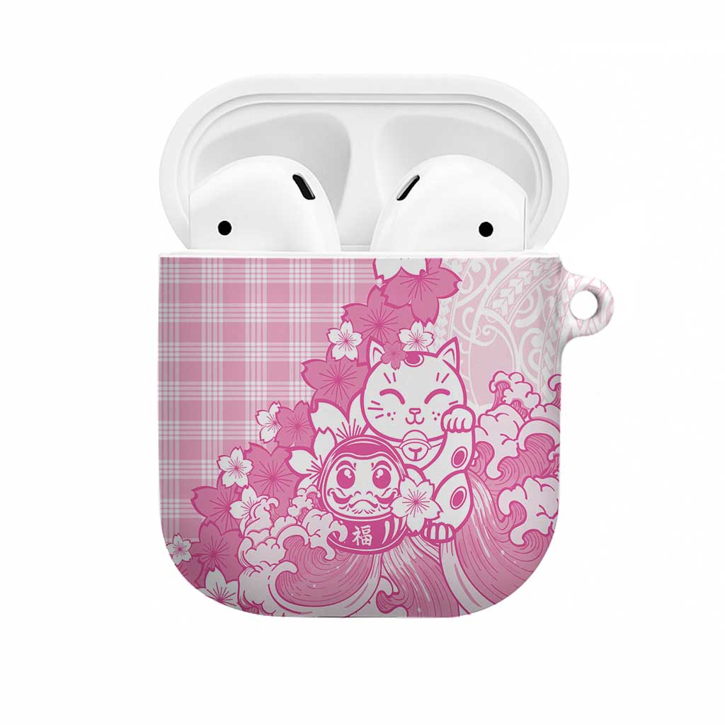 Pink Palaka Hawaiian And Japanese AirPods Case Maneki Neko And Sakura Bloom DT05 Pink - Polynesian Pride