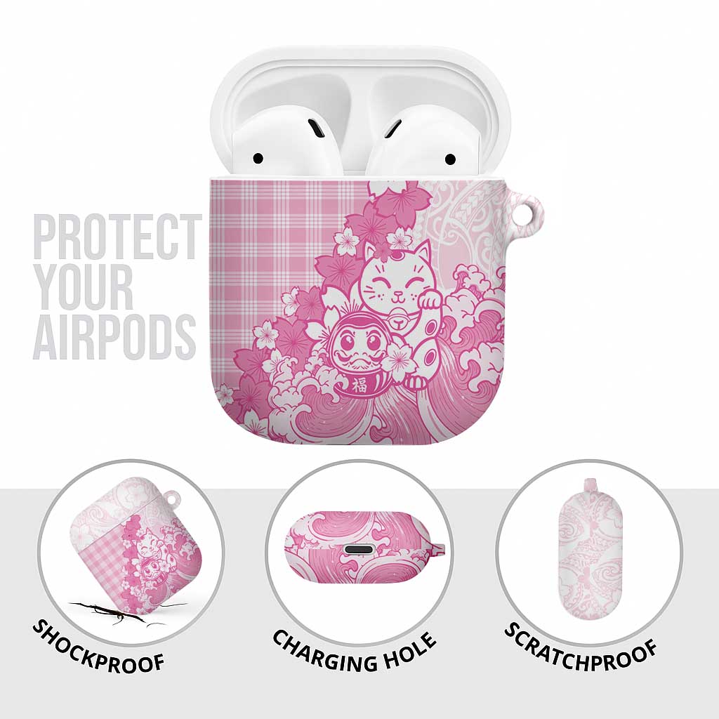 Pink Palaka Hawaiian And Japanese AirPods Case Maneki Neko And Sakura Bloom