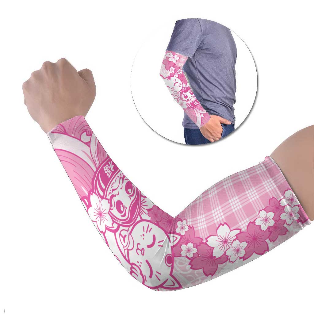 Pink Palaka Hawaiian And Japanese Arm Sleeves Maneki Neko And Sakura Bloom DT05 Set of 2 Pink - Polynesian Pride