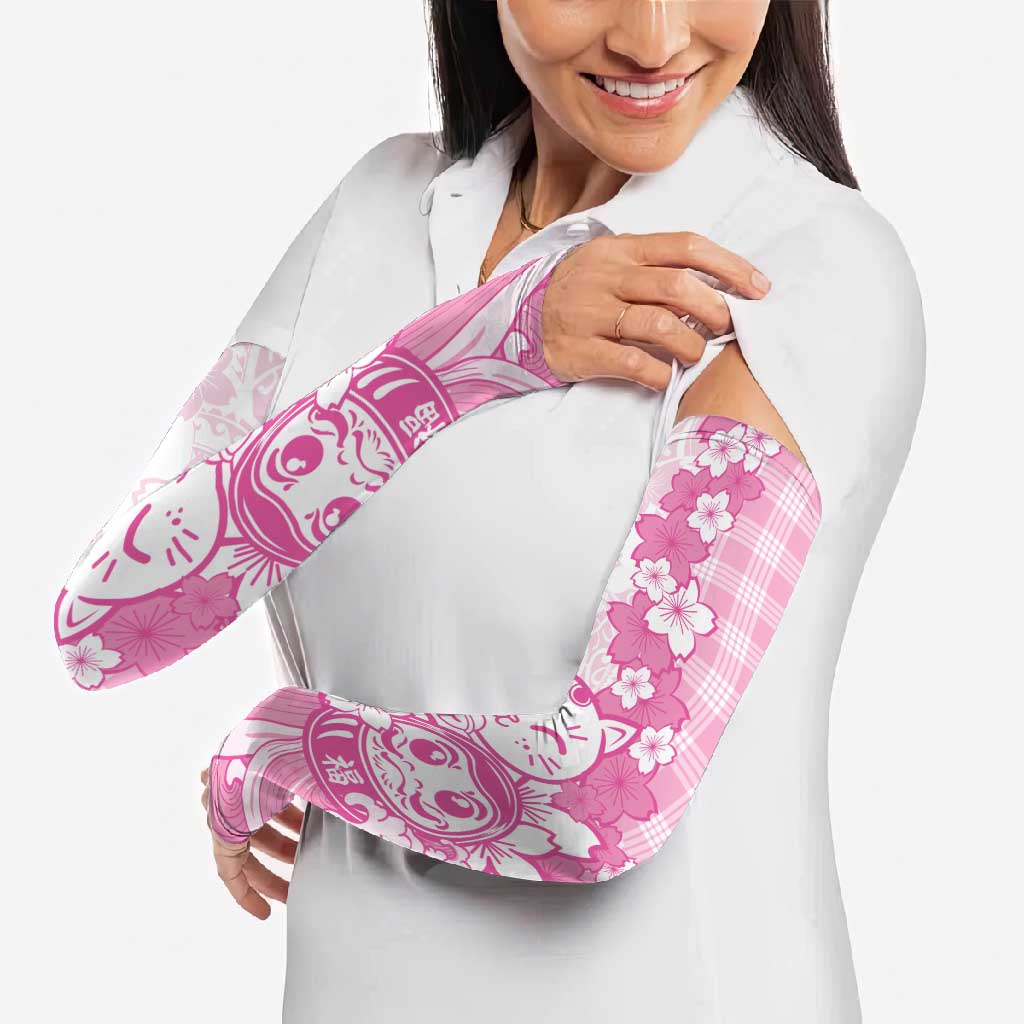 Pink Palaka Hawaiian And Japanese Arm Sleeves Maneki Neko And Sakura Bloom DT05 - Polynesian Pride