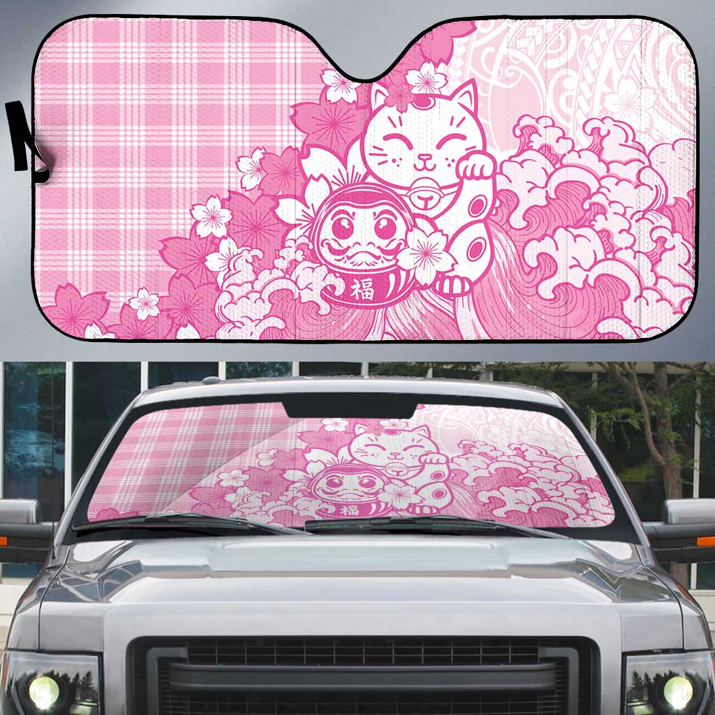 Pink Palaka Hawaiian And Japanese Auto Sun Shade Maneki Neko And Sakura Bloom