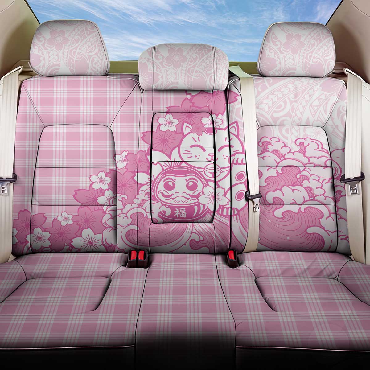 Pink Palaka Hawaiian And Japanese Back Car Seat Cover Maneki Neko And Sakura Bloom