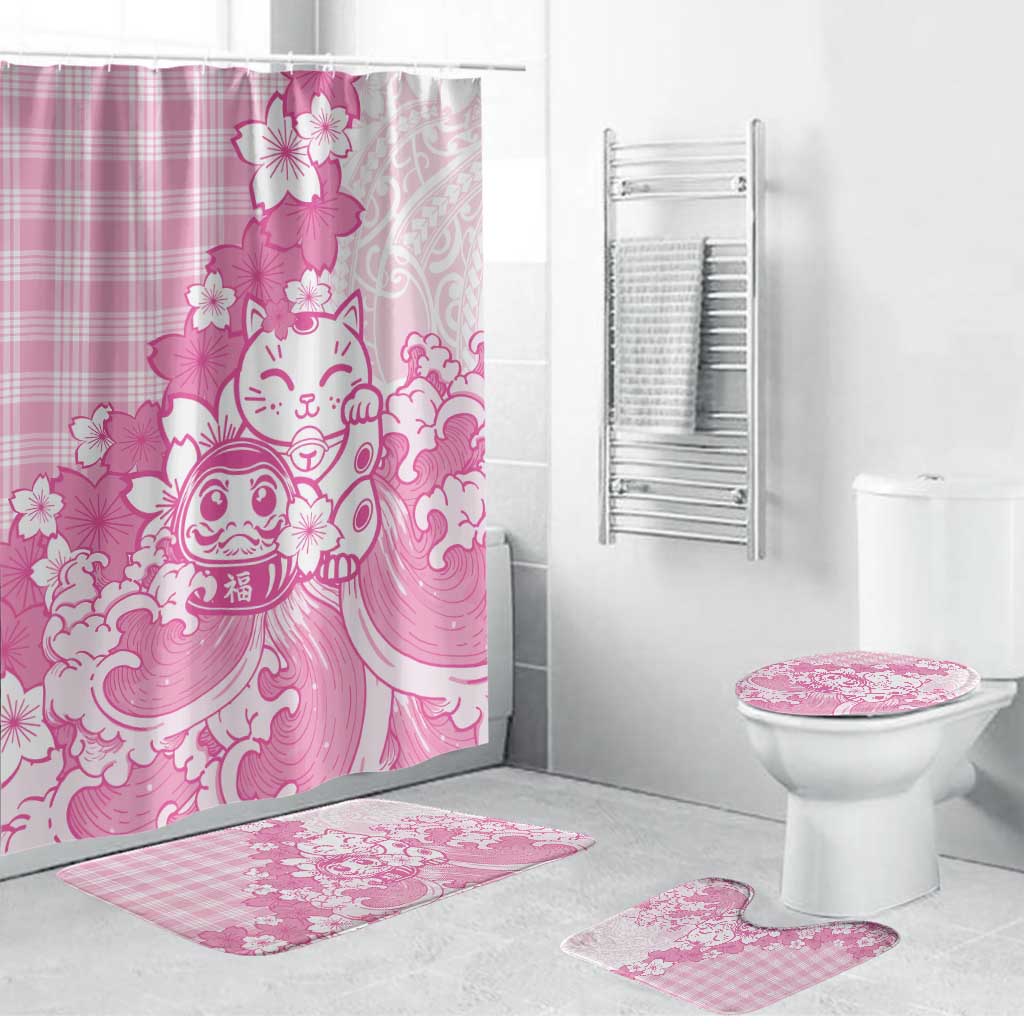 Pink Palaka Hawaiian And Japanese Bathroom Set Maneki Neko And Sakura Bloom