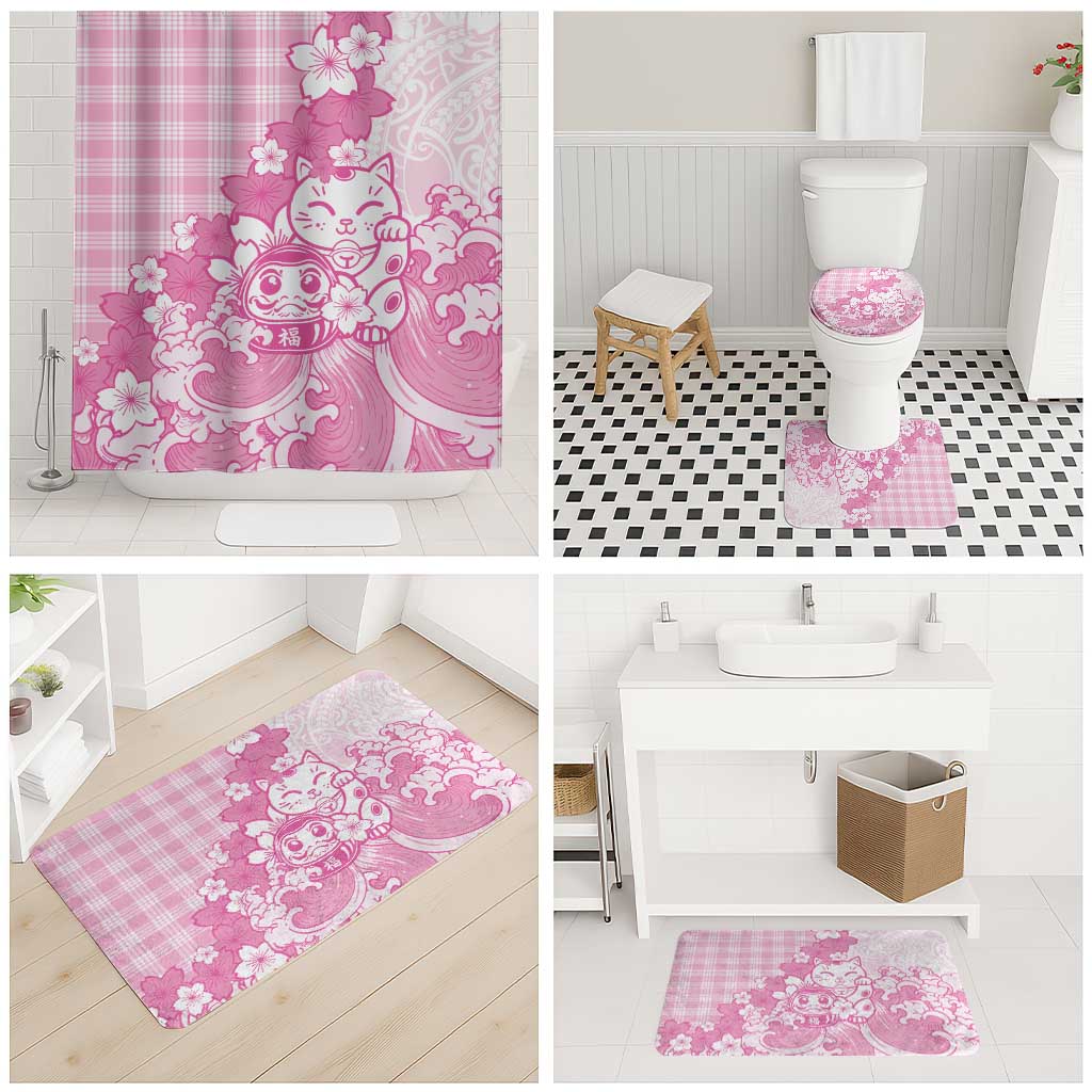 Pink Palaka Hawaiian And Japanese Bathroom Set Maneki Neko And Sakura Bloom