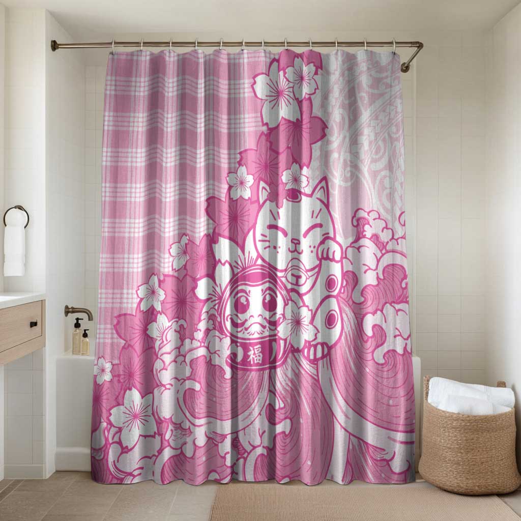 Pink Palaka Hawaiian And Japanese Bathroom Set Maneki Neko And Sakura Bloom