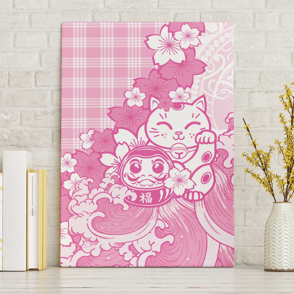 Pink Palaka Hawaiian And Japanese Canvas Wall Art Maneki Neko And Sakura Bloom