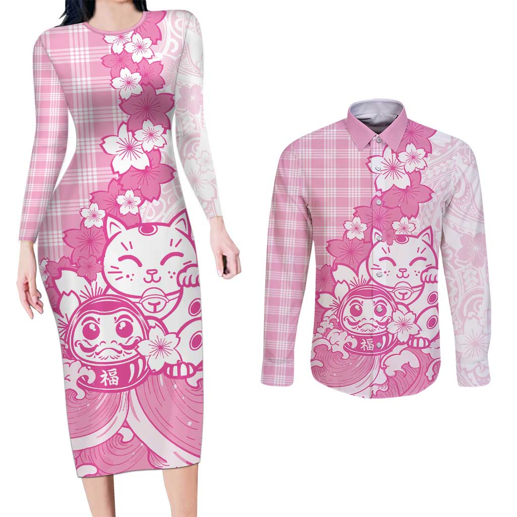 Pink Palaka Hawaiian And Japanese Couples Matching Long Sleeve Bodycon Dress and Long Sleeve Button Shirt Maneki Neko And Sakura Bloom