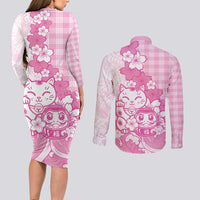 Pink Palaka Hawaiian And Japanese Couples Matching Long Sleeve Bodycon Dress and Long Sleeve Button Shirt Maneki Neko And Sakura Bloom