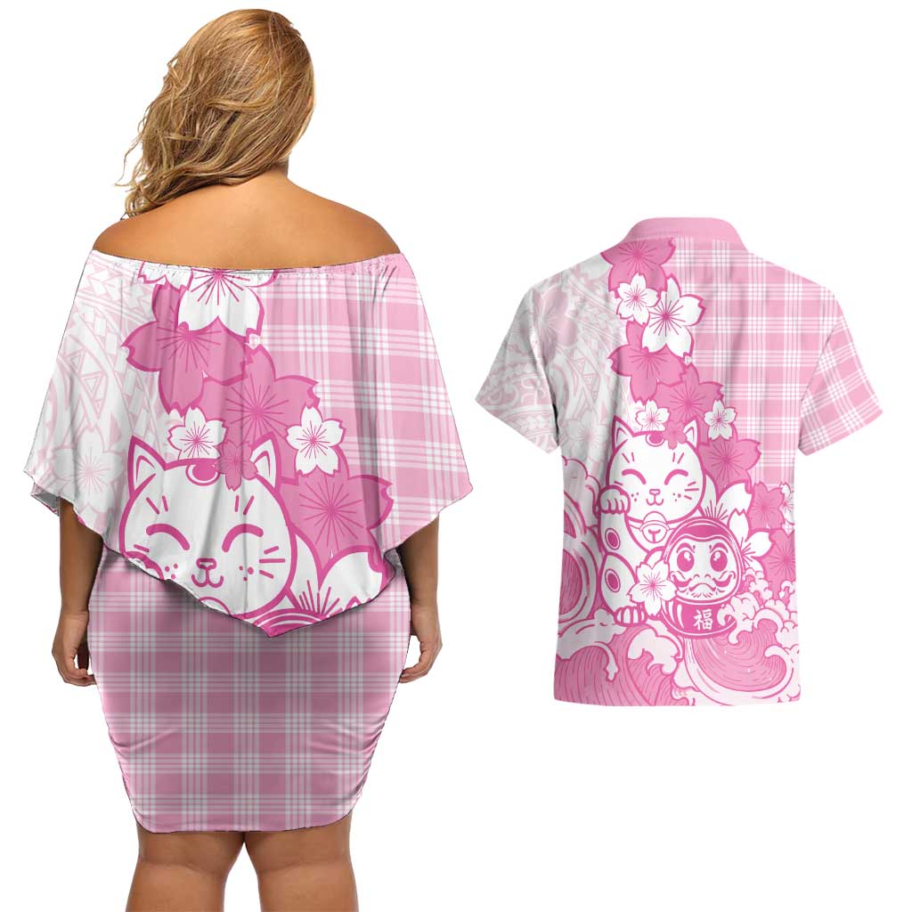 Pink Palaka Hawaiian And Japanese Couples Matching Off Shoulder Short Dress and Hawaiian Shirt Maneki Neko And Sakura Bloom