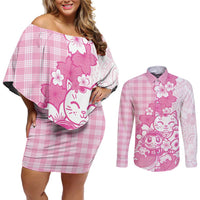 Pink Palaka Hawaiian And Japanese Couples Matching Off Shoulder Short Dress and Long Sleeve Button Shirt Maneki Neko And Sakura Bloom